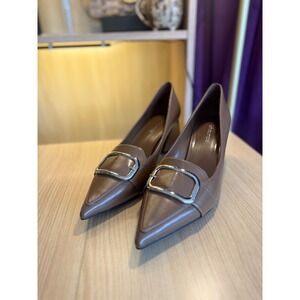 Jeffrey Campbell Taupe Leather Buckle Block Heel Pointed Toe Pumps Silver  10
